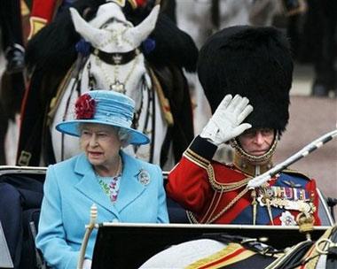 Queen Elizabeth II and Prince Philip on Horse Guards Parade in London during the annual Trooping the Colour parade Saturday June 13, 2009. (AP Photo/ Lewis Whyld/PA Wire)
