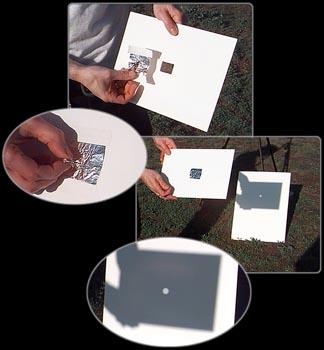 Get two pieces of cardboard--one piece colored white to project onto. Cut a square in one cardboard, then tape a piece of foil over the square. Now make a pinhole in the middle of the foil. With the sun behind you, hold the pinhole cardboard as far from the white cardboard as you can. Remember, the farther you are from the screen, the bigger your image.