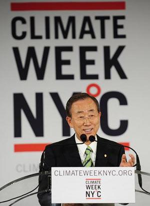 United Nations Secretary-General Ban Ki-moon speaks during the opening ceremony of Climate Week NYC Monday, Sept. 21, 2009 in New York. (Xinhua/AFP Photo)