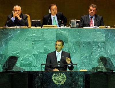 U.S. President Barack Obama (F) addresses the opening ceremony of the United Nations Climate Change Summit at the UN headquarters in New York Sept. 22, 2009. (Xinhua/Shen Hong)