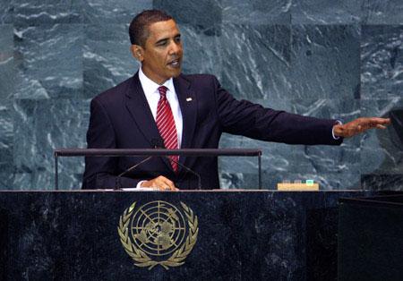 U.S. President Barack Obama addresses the 64th United Nations General Assembly, at the U.N. headquarters in New York, September 23, 2009. Obama on Wednesday promised a new era of U.S. engagement with the world, saying that only by acting together can mankind overcome pressing global challenges.(Xinhua/Reuters Photo)