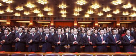 Chinese President Hu Jintao (5th L front) and other top leaders watch a large-scale musical epic "Road to Revival" recounting the country's road from the Opium War in 1840 to 2009, at the Great Hall of the People in Beijing Sept. 28, 2009, together with people from all walks of life in Beijing. All members of the Standing Committee of the Political Bureau of the CPC Central Committee and former President Jiang Zemin watched the performance, in dedication to the 60th anniversary of the founding of the People's Republic of China (PRC). (Xinhua/Ma Zhancheng)
