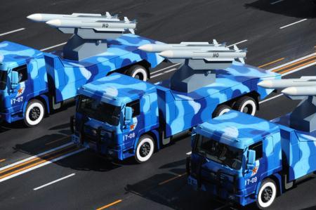 Naval missiles are displayed in a parade of the celebrations for the 60th anniversary of the founding of the People's Republic of China, on Chang'an Street in central Beijing, capital of China, Oct. 1, 2009. (Xinhua/Li Yong)