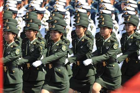 Female soldiers of the three services of the Chinese People's Liberation Army march in a parade of the celebrations for the 60th anniversary of the founding of the People's Republic of China, in central Beijing, capital of China, Oct. 1, 2009. (Xinhua Photo)