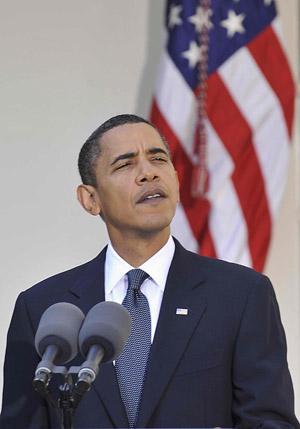 U.S. President Barack Obama delivers a speech after he received the 2009 Nobel Peace Prize in Rose Garden of White House in Washington on Oct. 9, 2009.(Xinhua/Zhang Yan)