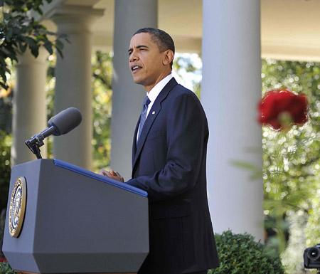 U.S. President Barack Obama delivers a speech after he received the 2009 Nobel Peace Prize in Rose Garden of White House in Washington on Oct. 9, 2009.(Xinhua/Zhang Yan)