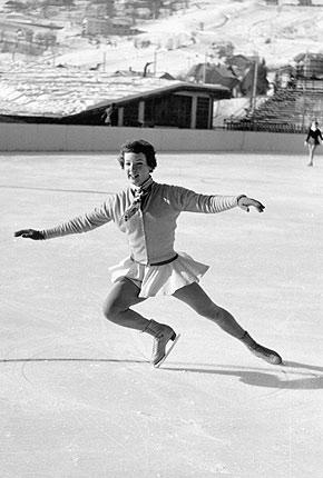 Cortina d'Ampezzo, Ice Stadium, January 1956: Tenley ALBRIGHT of the United States, 1st, during training for the women's individual figure skating event. Credit: IOC / Olympic Museum Collections