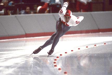 Calgary, Olympic Oval, 18 February 1988: Gaetan BOUCHER, 5th, in action in the 1000m speed skating event. Credit: IOC Olympic Museum Collections