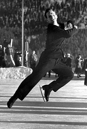 St Moritz, February 1948: Richard BUTTON, USA, 1st, in action in the individual figure skating event during the V Olympic Winter Games. Credit: IOC Olympic Museum Collections