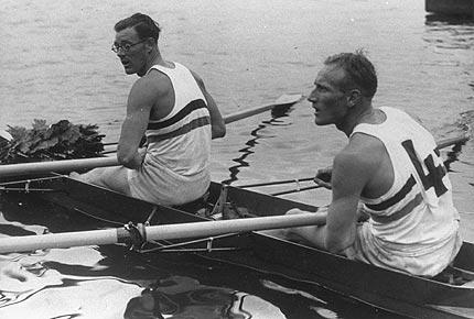 Berlin, Gr徂nau "Langer See", 14 February 1936: Jack BERESFORD (right) and Leslie SOUTHWOOD from Great Britain, 1st in the rowing double sculls event. Credit: IOC / Olympic Museum Collections