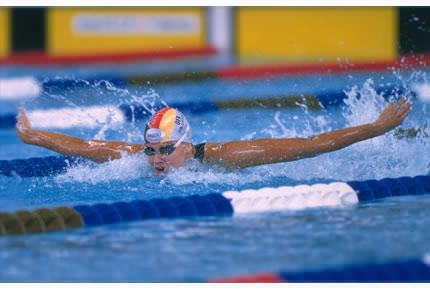 Atlanta, Georgia Tech Aquatic Centre, 24 July 1996: Franziska VAN ALMSICK of Germany during a training session for the 4x100m medley relay at the Games of the XXVI Olympiad. Credit: Getty Images/Richard Martin