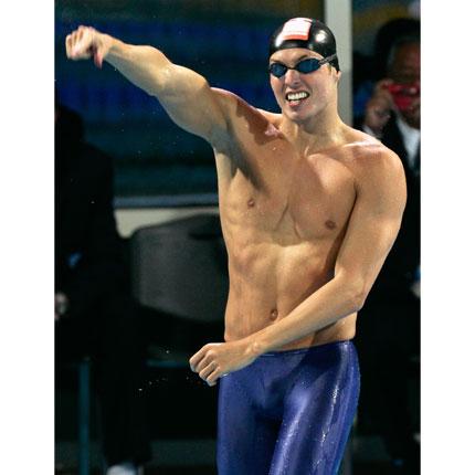 Athens, 18 August 2004, Games of the XXVIII Olympiad. Men's swimming: Pieter VAN DEN HOOGENBAND of the Netherlands celebrates after he won the 100m freestyle final at the Main Pool of the Olympic Sports Complex Aquatic Centre.