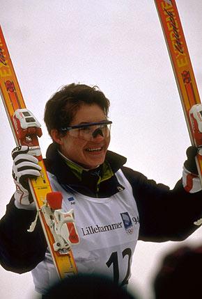 Lillehammer, February 1994, XVII Olympic Winter Games. Freestyle skiing, women's aerials event in Kanthaugen Stadium: gold medallist Lina CHERYAZOVA of Uzbekistan celebrates. Credit: Getty Images