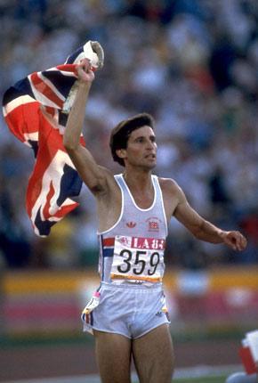 Los Angeles, 11 August 1984, Games of the XXIII Olympiad. Men's athletics: Sebastian COE celebrates his victory in the 1500m final raising a British flag. Credit: Getty Images/CANNON David