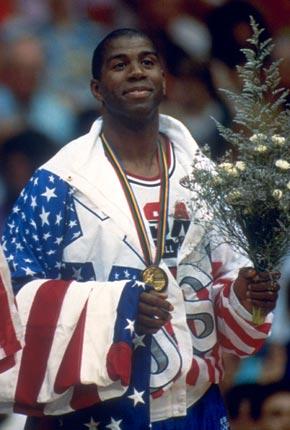 Barcelona 8 August 1992, Games of the XXV Olympiad. Ceremony of medals presentation for men's basketball: Earvin "Magic" JOHNSON of the United States on the podium. Credit: Getty Images/POWELL Mike