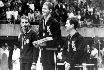 Mexico City, 20 October 1968, Games of the XIX Olympiad. Diving, 3m springboard: (L-R) on the podium during the medal ceremony, Klaus DIBIASI of Italy, 2nd, Bernard WRIGHTSON of the United States, 1st, and James Eward HENRY of the United States, 3rd. Credit: IOC Olympic Museum Collections