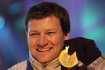 Stephan EBERHARTER of Austria receives the gold medal in the men's giant slalom at the Olympic Medals Plaza. Credit: Getty Images/Shaun Botterill