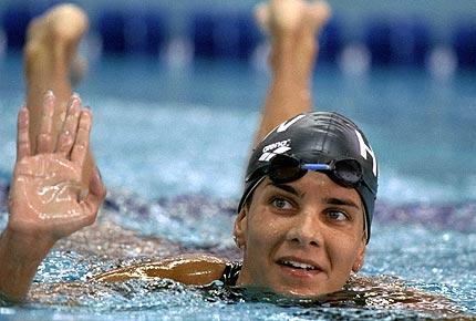 Atlanta, 25 July 1996: Krisztina EGERSZEGI of Hungary celebrates her victory in the women's 200m backstroke in the Georgia Tech Aquatic Center at the Centennial Olympic Games. Credit: Getty Images/Al Bello