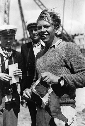 London, Torquay, XIV Olympiad, 13 August 1948. Dane Paul ELVSTROM pictured after winning the Firefly class of the yachting competition. Denmark came first in the event with a total of 5,543 points. Credit: Getty Images/Hulton Archive