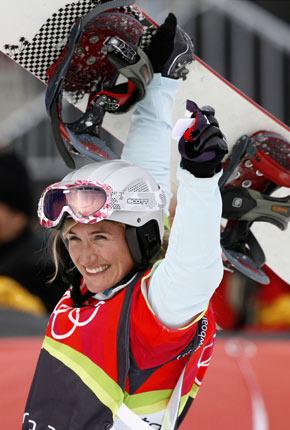 Bardonecchia, 17 February, XX Olympic Winter Games. Women's snowboard: Tanja FRIEDEN of Switzerland celebrates victory at the finish of the cross event final. Credit : Getty Images/Agence Zoom