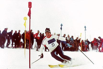 Grenoble, Chamrousse, 13 February 1968: Marielle GOITSCHEL of France, 1st, in action in the alpine skiing slalom during the X Olympic Winter Games. Credit: IOC Olympic Museum Collections