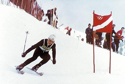 Grenoble, Chamrousse, 15 February 1968: Nancy GREENE from Canada, 1st, in action in the Alpine skiing women's giant slalom during the X Olympic Winter Games. Credit: IOC Olympic Museum Collections