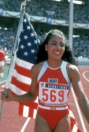 Seoul, 25 September 1988: American Florence GRIFFITH-JOYNER, 1st, at the finish line of the 100m during the Games of the XXIV Olympiad. Credit: Getty Images