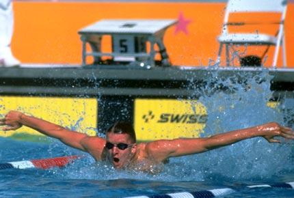 Los Angeles, 30 July 1984: Michael GROSS from Germany, 1st, in action in the 100m butterfly event during the Games of the XXIII Olympiad. Credit: Getty Images/Tony Duffy