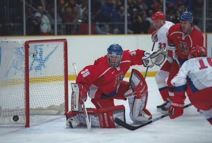 Nagano, Aqua Wing, 16 February 1998, XVIII Olympic Winter Games: the goalkeeper Dominik HASEK of the Czech Republic in action in a final round ice hockey game against the Russian Federation. The Czech Republic went on to win the gold medal. Credit: Getty Images/Brian Bahr