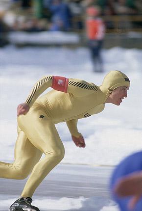 Lake Placid, February 1980: American speed skater Eric HEIDEN in action during the XIII Olympic Winter Games. HEIDEN won all five of the speed skating events that were in the programme of the Games: 500m, 1000m, 1500m, 5000m and 10000m. Credit: Getty Images/Tony Duffy