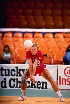 Los Angeles, August 1984, Games of the XXIII Olympiad: Karch KIRALY of the United States bumps the ball during the volleyball United States vs France match at the Long Beach Arena. Credit: Getty Images/Mike Powell