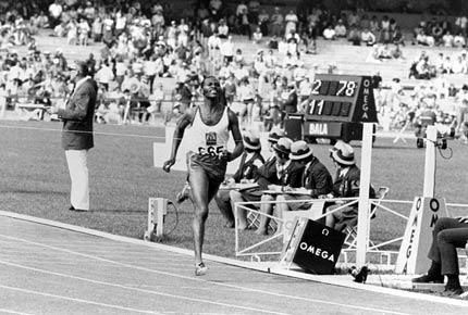 Mexico City, October 1968, Games of the XIXe Olympiad. Men's athletics, 1500m final: winner Kipchoge KEINO of Kenya at the finishing line. Credit: Getty Images/DUFFY Tony