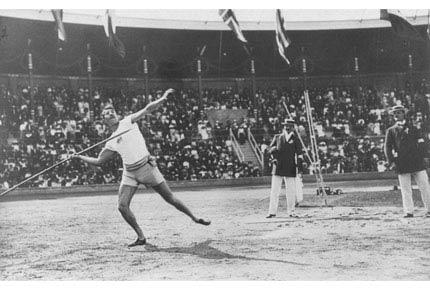 Stockholm, July 1912, Games of the V Olympiad: Eric LEMMING of Sweden in action in the javelin throwing event in the Olympic Stadium. He went on to win the gold medal. Credit: IOC Olympic Museum Collections