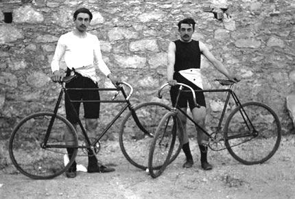 Athens 1896. Games of the I Olympiad. French compatriot cyclists L岢on FLAMENG and Paul MASSON. Between them they won 6 medals in the track cycling events (gold in the 100km, silver in the 10 km and bronze in the sprint events for FLAMENG; three times gold in the 10km, 1km and sprint events for MASSON). Credit: IOC Olympic Museum Collections/MEYER Albert