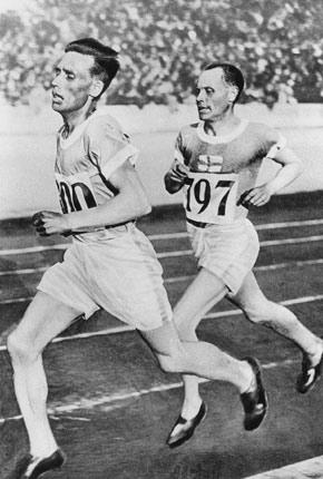 Amsterdam 1928, Games of the IX Olympiad. Athletics. Finns Vilho RITOLA and Paavo NURMI. The two great rivals traded medals in the distance events. RITOLA took the gold in the 5000m and silver in the 10000m. NURMI captured the silver in the 5000m event and the gold in the 10000m race. Credit: IOC Olympic Museum Collections