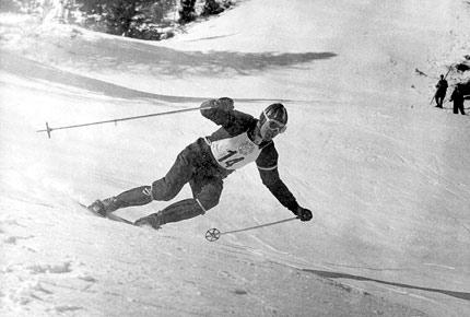 Cortina, 29 January 1956, VII Olympic Winter Games. Men's Alpine skiing: Austrian Anton SAILER performs in the giant slalom. He won the gold medal in this event, as well as in the slalom and the downhill. Credit: IOC Olympic Museum