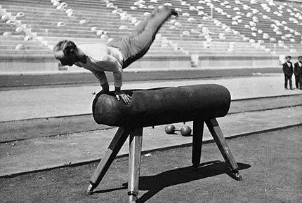 Athens, 1896, Games of the I Olympiad. Men's artistic gymnastics: Carl SCHUMANN of Germany performs in the horse vault event. He won the gold medal. Credit: IOC Olympic Museum Collections/MEYER Albert