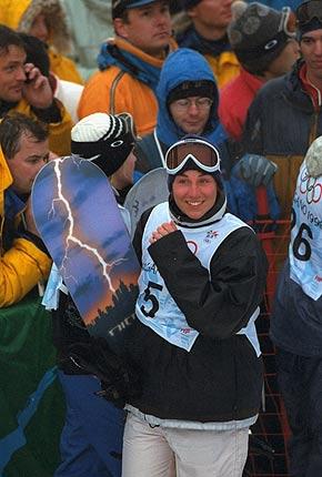 12 February 1998: Nicola THOST of Germany, gold medallist in the women's halfpipe snowboard event at the XVIII Winter Olympic Games in Nagano. Credit: Getty Images/Nathan Bilow