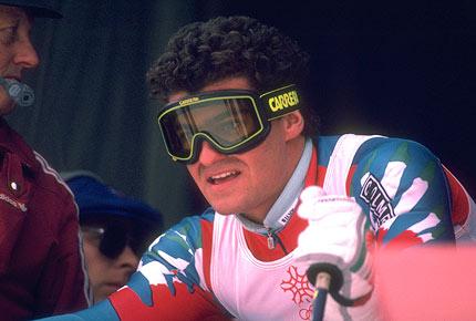Calgary, 27 February 1988, XV Olympic Winter Games. Men's alpine skiing in Nakiska: Eventual winner Alberto TOMBA of Italy in the starting gates prepares for a run of the slalom. Credit: Getty Images/Steve Powell