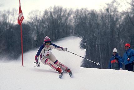 12 February 1980, XIII Olympic Winter Games: Hanni WENZEL of Liechtenstein in action in the slalom during the XIII Olympic Winter Games in Lake Placid. WENZEL won two gold medals in the giant and special slalom and one silver in the downhill. Credit: Getty Images/Tony Duffy