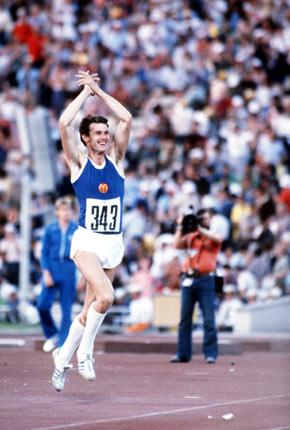 Moscow 1980: Gerd WESSIG of the German Democratic Republic celebrates winning the men's high jump competition at the Games of the XXII Olympiad. Credit: Getty Images