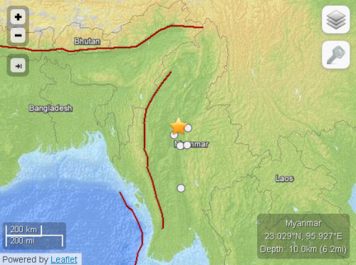 緬甸發生兩次5.0級余震震源深度均為10公里