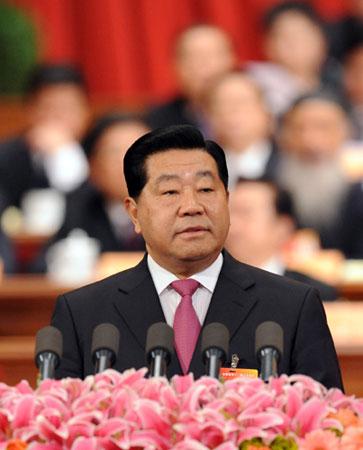 Jia Qinglin, chairman of the National Committee of the Chinese People's Political Consultative Conference (CPPCC), delivers a report on the work of the CPPCC National Committee's Standing Committee over the past year at the Great Hall of the People in Beijing, capital of China, March 3, 2010. The Third Session of the 11th CPPCC National Committee opened on Wednesday afternoon. (Xinhua/Huang Jingwen)