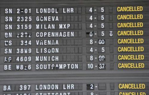 A display board shows cancelled flights at Brussels international airport in Brussels, capital of Belgium, on April 15, 2010. All the flights at the airport were cancelled due to the volcanic eruption in Iceland. (Xinhua/Wu Wei)