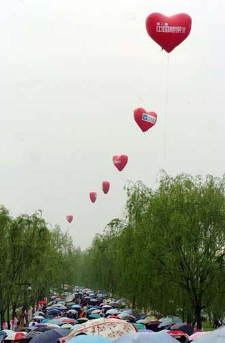 A long rope of heart-shaped balloons float in the sky to grace a large-scale blind-date event held along Baidi Causeway of Hangzhou, Zhejiang province, April 18, 2010. The event was thronged by young singles, some accompanied by their parents, looking for a suitable partner. [Photo/CFP] 