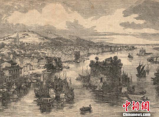 19世紀廣州城及珠江全景圖。