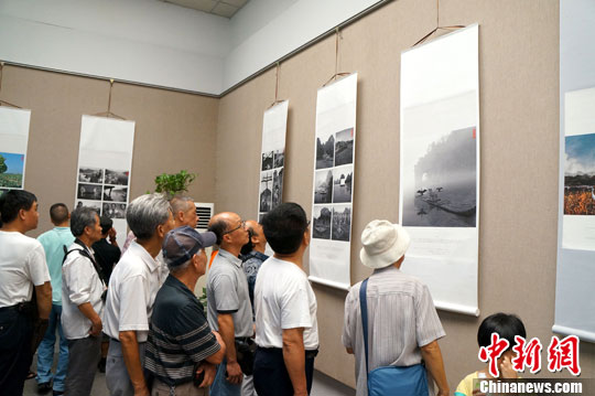 圖為參觀者正在欣賞銀獎作品《新桂林山水》。中新社發 楊陳 攝