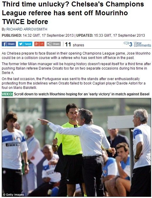 《郵報》：切爾西歐冠裁判曾兩次罰下穆裏尼奧