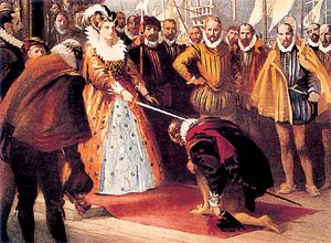 　　1577年-1580年，弗朗西斯·德雷克完成環球航行，伊麗莎白一世登上“金鹿號”為他冊封爵位。