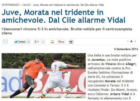 《Mediaset》：莫拉塔傷癒，尤文熱身5-3勝